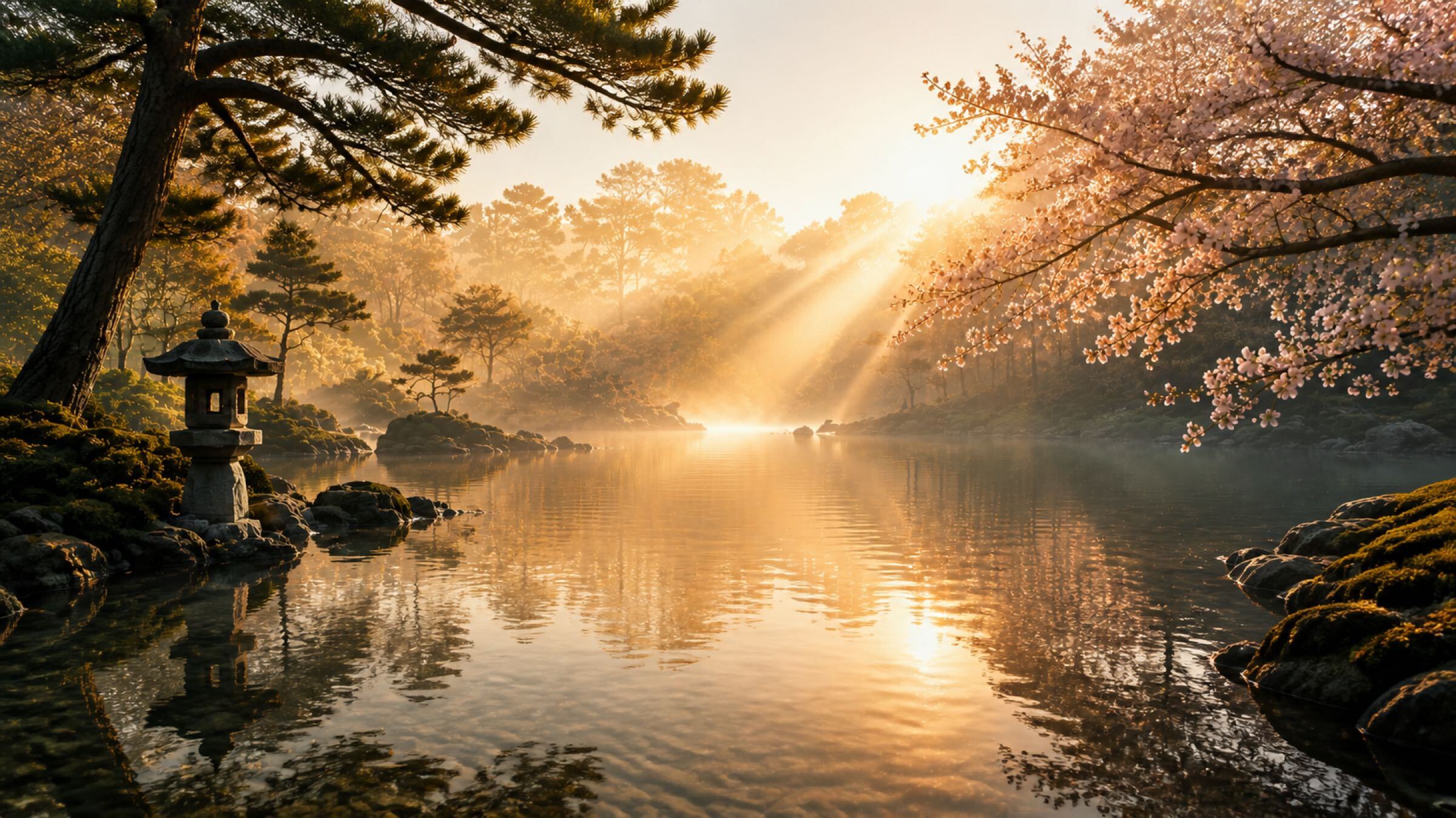 Sunrise over a Japanese garden pond with a stone lantern and cherry blossom — rockStudio wedding templates